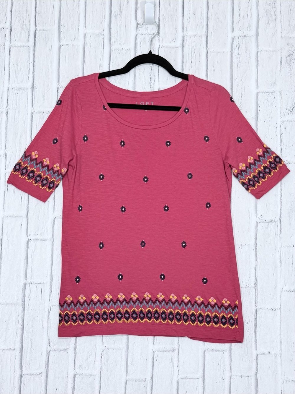 🌹 LOFT 100% COTTON  Embroidered Boho Geometric  Tee Medium